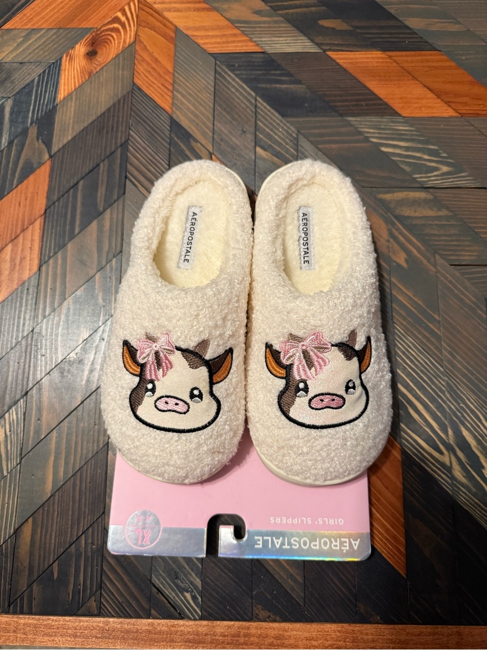 Aeropostale Cream Kids Cow Slippers with Pink Bow Accent